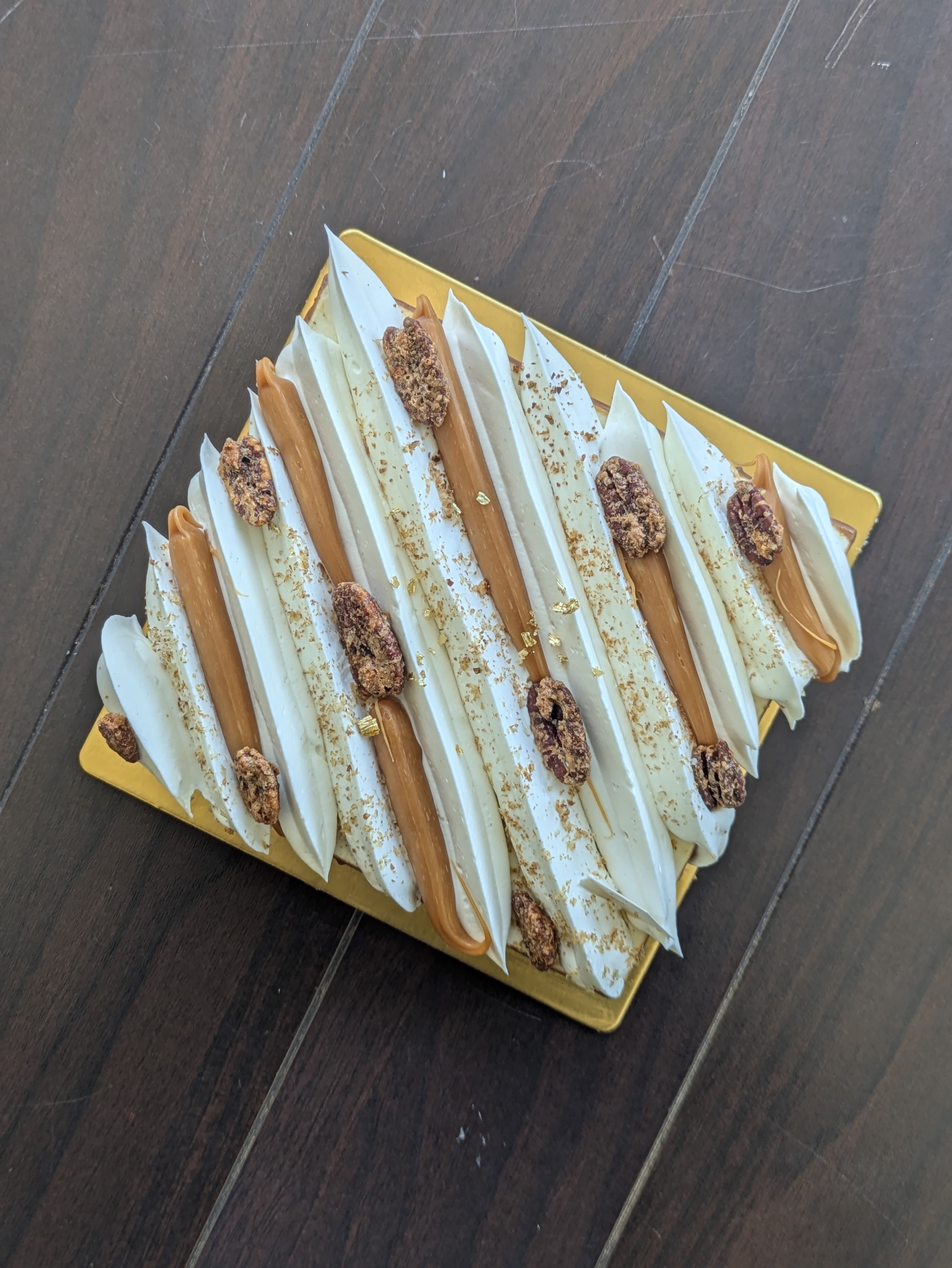 Vanilla Pecan French Entremet, Almond Pain De Gene, Caramel pot de creme, Pecan Streusel, Vanilla Mousse